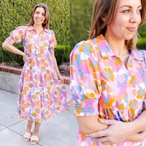 Michelle McDowell Molly‎ Tiered Midi Dress Primrose Floral Pink Size 2X Dopamine